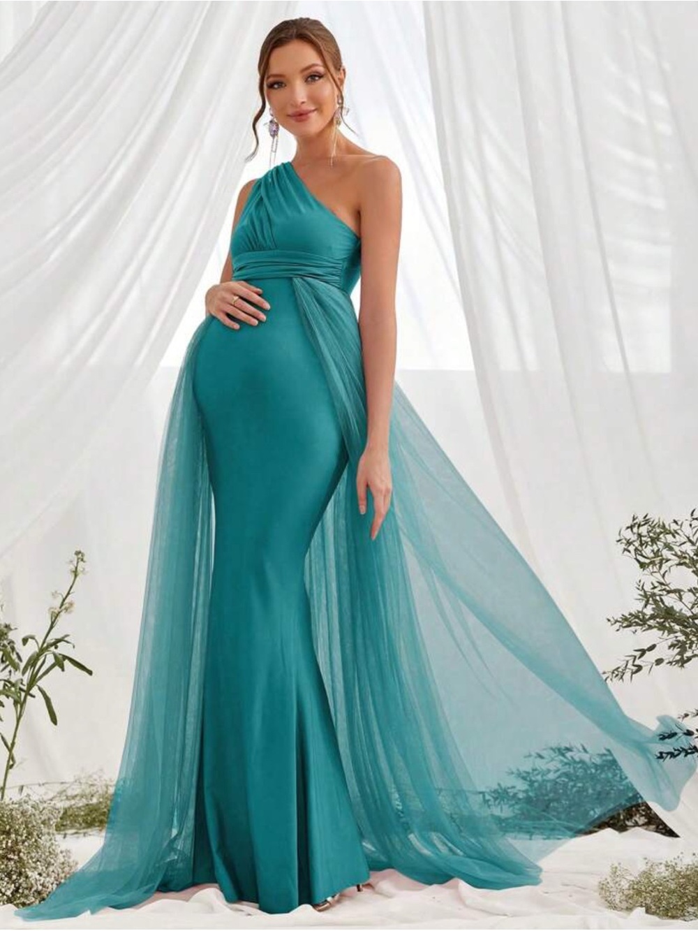 One-Shoulder Teal Maternity Formal Gown XL